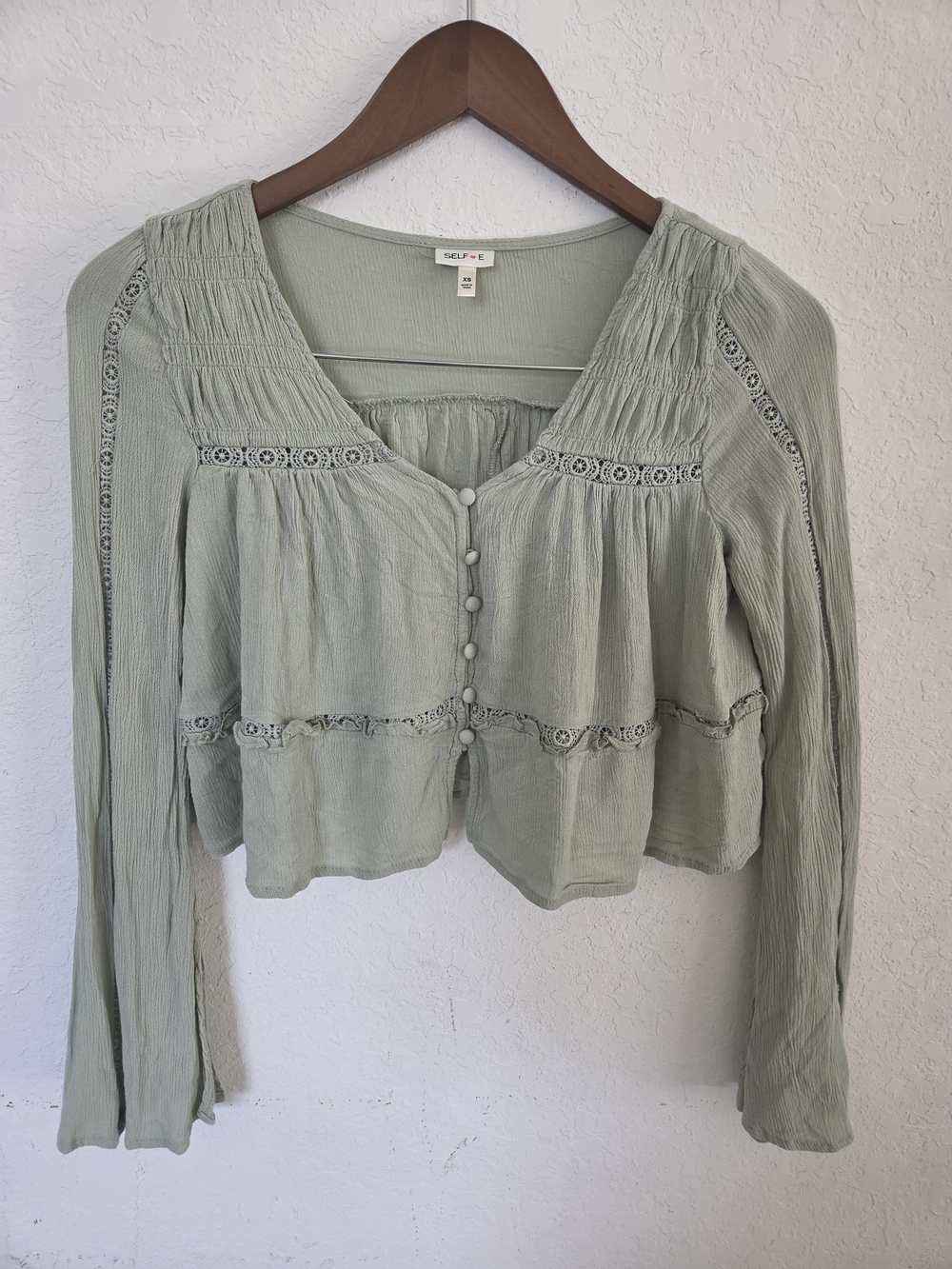 SELF-E Sage Green Crinkle Gauze Boho Fairycore Bell Sleeve Lace Crop Top XS